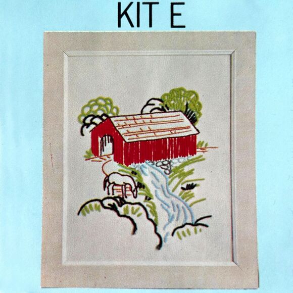 Vintage Crewel Embroidery Kit Covered Bridge with Horse by Creek/River-Kit E - Picture 2 of 4